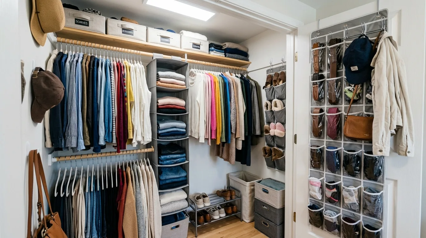 Maximize height with double rods and hooks inspiration for a closet.